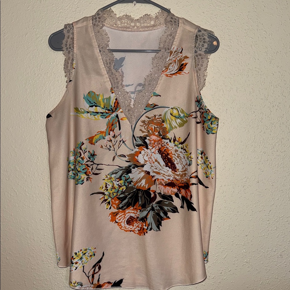 Floral Lace-Trim Sleeveless Blouse - Blush with Multi Floral Print